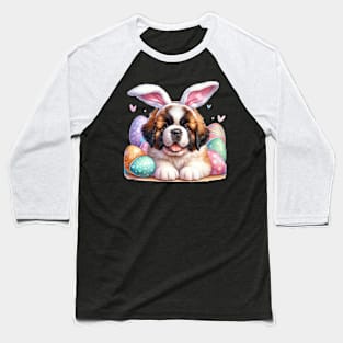 Puppy Saint Bernard Bunny Ears Easter Eggs Happy Easter Day Baseball T-Shirt